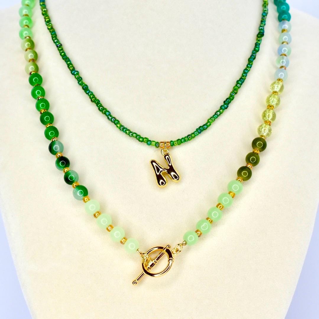 Green Gradient Initial Necklace Set - 2 Piece Set