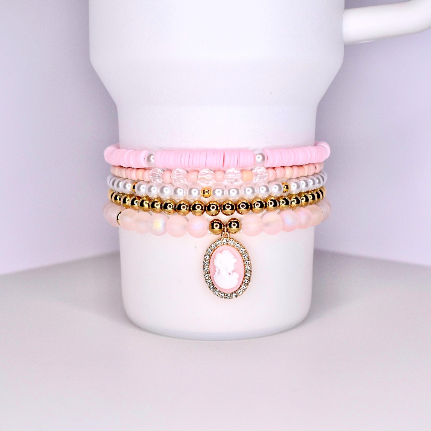 Pink Cameo Charm Bracelet Stack, Set of 5
