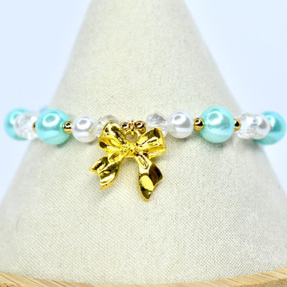Gold Bow Pearl Beaded Bracelet: Aqua & White Crystal Charm
