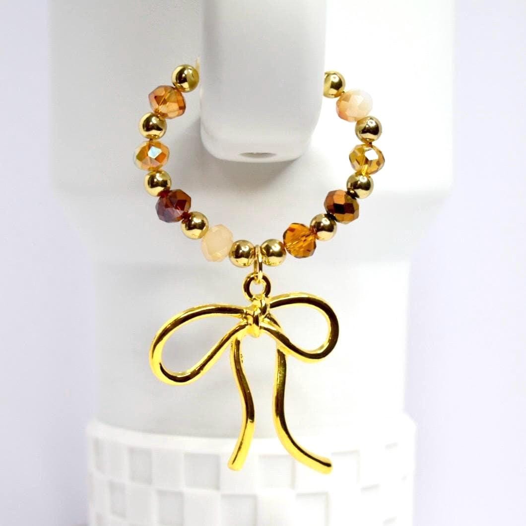 Chocolate Brown and Gold Tumbler Handle Bracelet with Amber Beads, Bow Charms