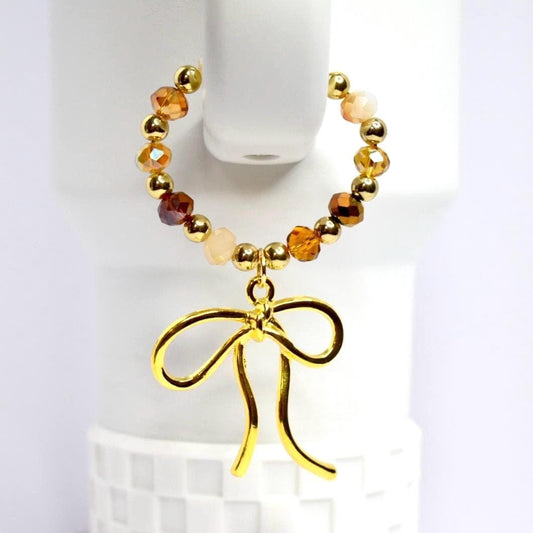 Chocolate Brown and Gold Tumbler Handle Bracelet with Amber Beads, Bow Charms