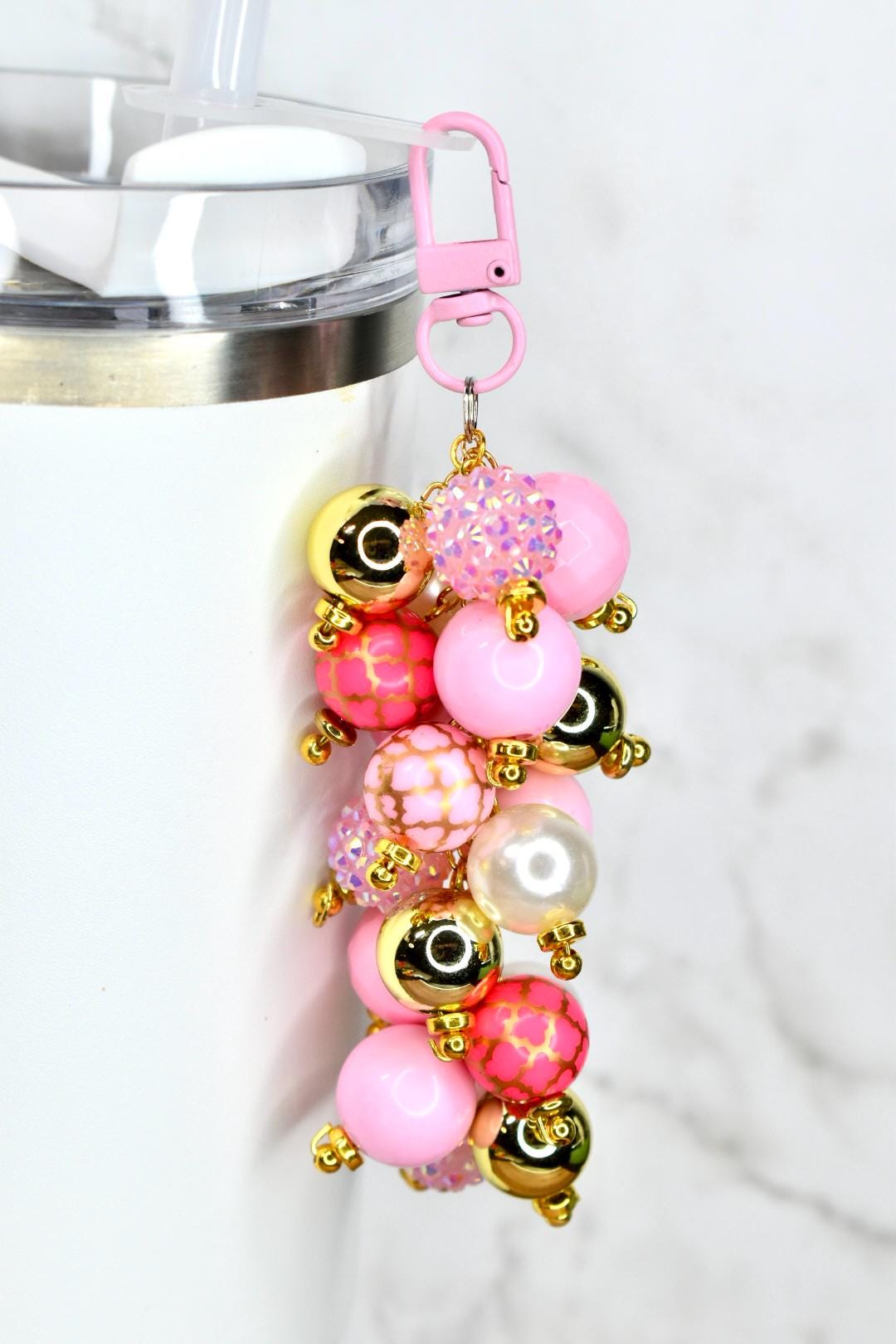 Pink and Gold Beaded Tumbler Straw Charm