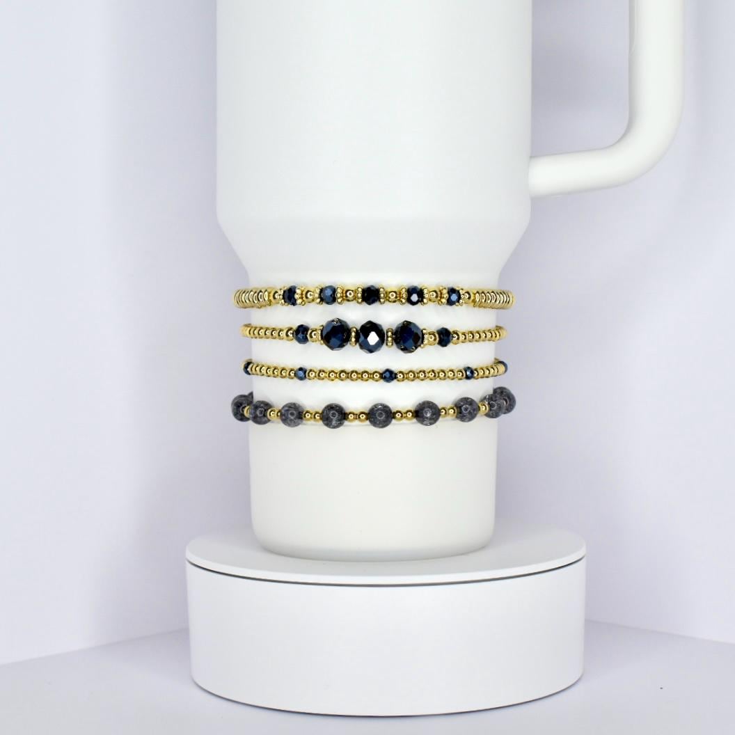 Black Crystal and Gold Bead Bracelet Stack - 4 Piece Set