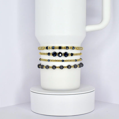 Black Crystal and Gold Bead Bracelet Stack - 4 Piece Set