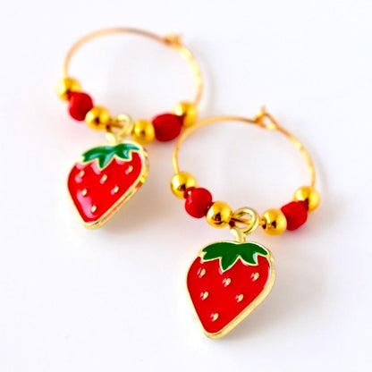 Strawberry Charm Hoop Earrings: Red Enamel Dangle, Gold Hoops