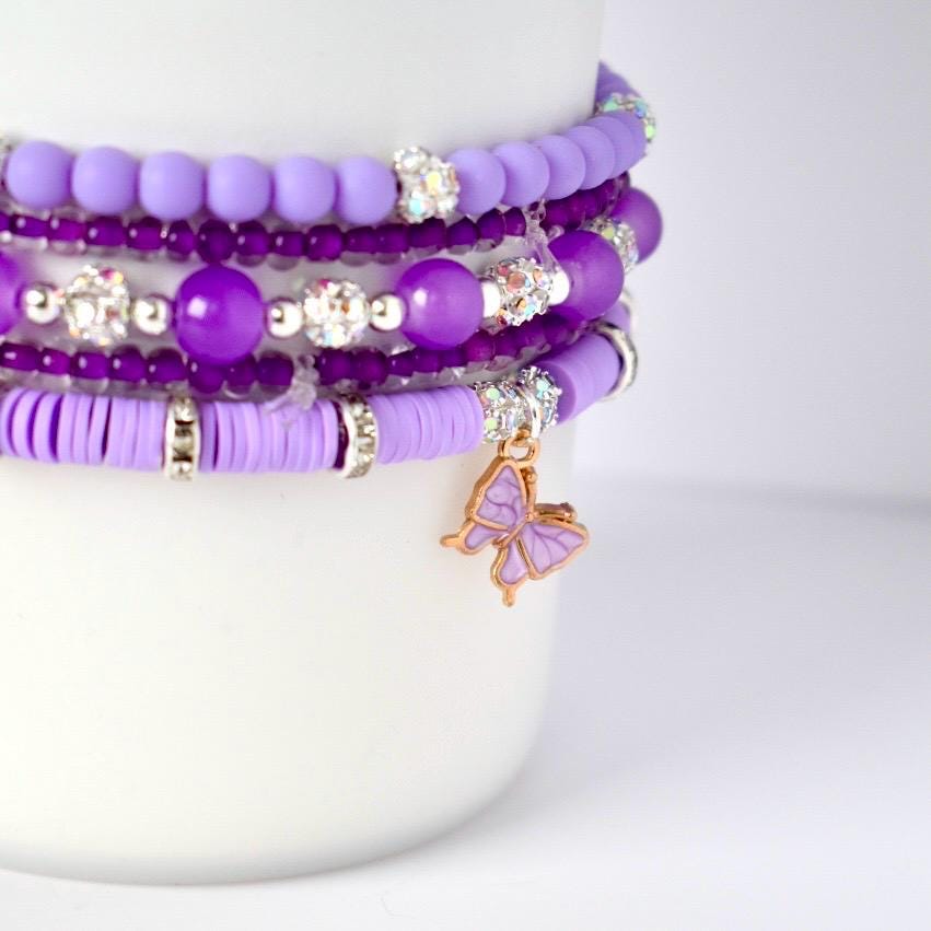 Purple Beaded Bracelet Stack with Butterfly Charm - 5 Piece Set