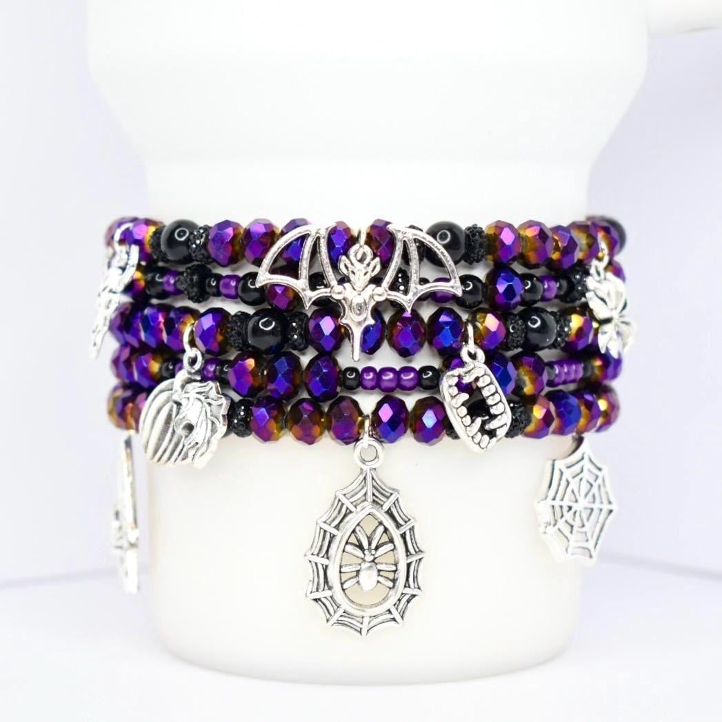 Purple and Black Gothic Halloween Charm Bracelet Stack of 5