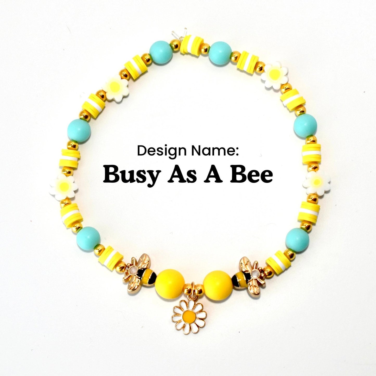 Mint gold and yellow beads with bee accents and daisy charm bracelet for wrist or tumbler Stanley