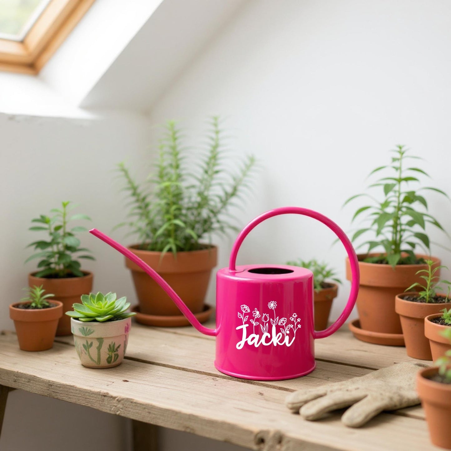 Personalized Pink Watering Can with Custom Name and Floral Design