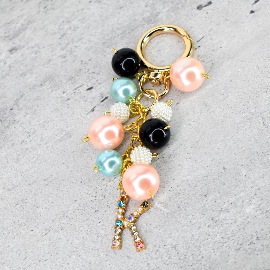 Pearl Beaded Bag Charm: Personalized Rhinestone Initial Keychain