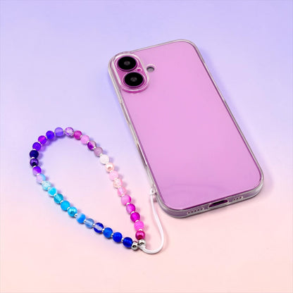 Calathea Collective pastel beaded phone charm wrist strap with blue, purple, and pink gradient glass beads and pearl accents.
