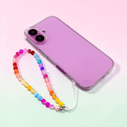 Calathea Collective rainbow beaded phone charm wrist strap with glass beads in pink, red, orange, yellow, blue, purple, and lavender.