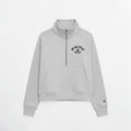 Calathea Collective gray cropped oversized quarter zip sweatshirt with a front pouch pocket and embroidered logo.