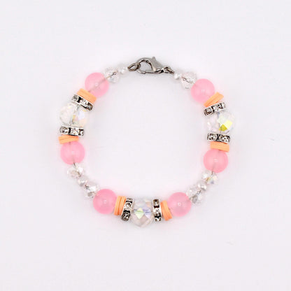Calathea Collective pink mesa sunset tumbler handle bracelet with peach, blush pink, and clear beads, accented with rhinestones and a lobster clasp.