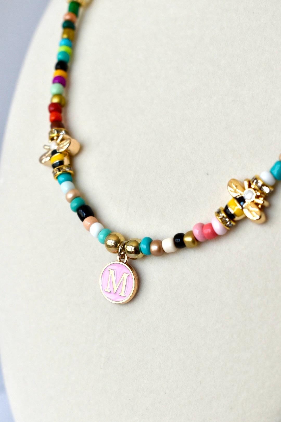 Rainbow Seed Bead Necklace: Custom Initial Charm, Bumblebee Accent