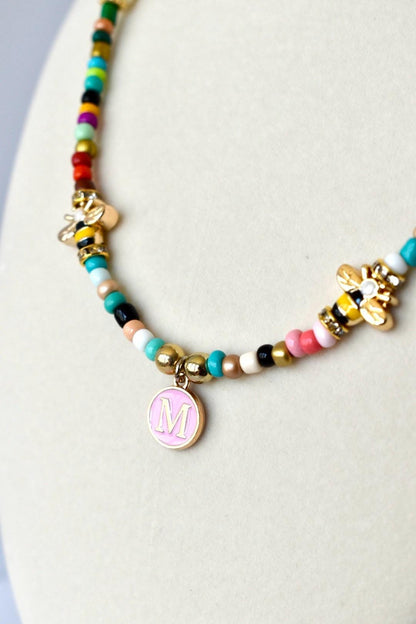Rainbow Seed Bead Necklace: Custom Initial Charm, Bumblebee Accent