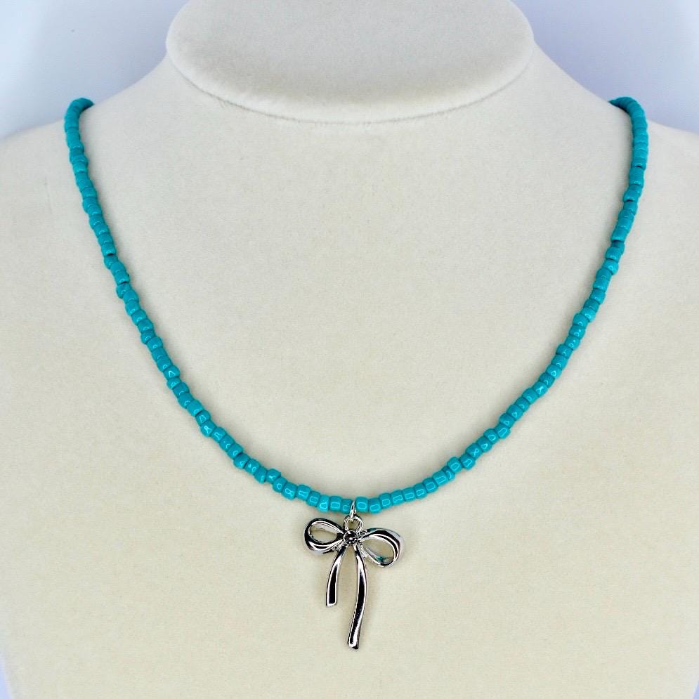 Bow Charm Necklace – Pink or Teal Beaded Choker