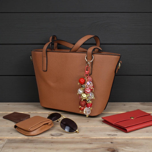 Red and Gold Glam Beaded Bag Charm - Bag Keychain