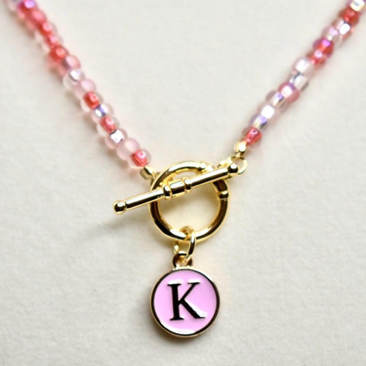 Pink Beaded Necklace with Initial Charm