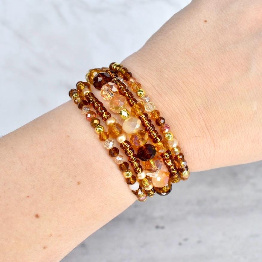 Amber, Brown and Gold Bracelet Stack - 5 Piece Set