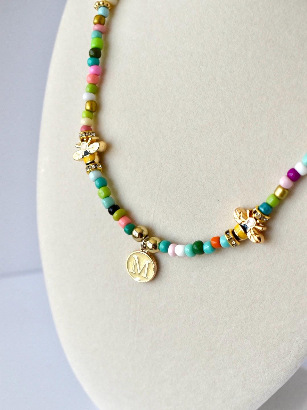 Rainbow Seed Bead Necklace: Custom Initial Charm, Bumblebee Accent