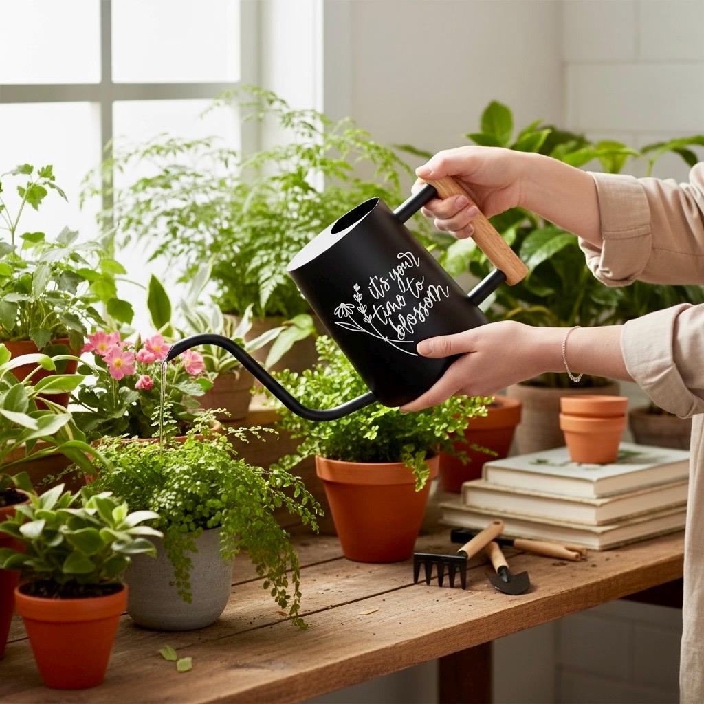 Person watering plants with a black custom watering can on a wooden table indoors.