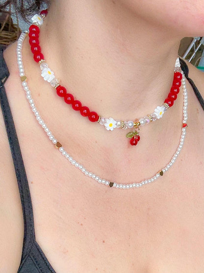 Layered Necklace Set: Cherry Charm, Daisy & Pearl Y2K Jewelry