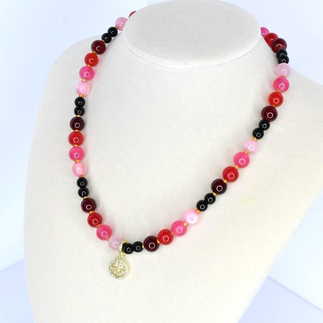 Red & Pink Glass Beaded Necklace: Handmade Jewelry Gift - Choose Charm
