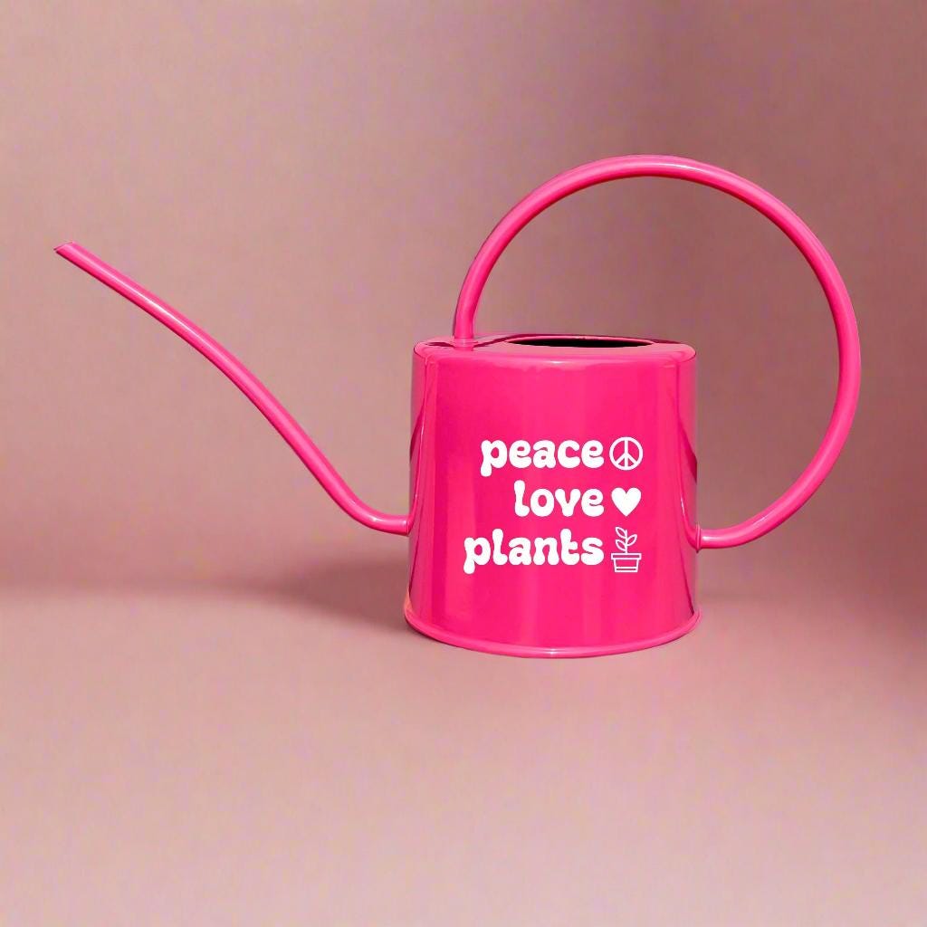Pink Watering Can with Peace Love Plants Design