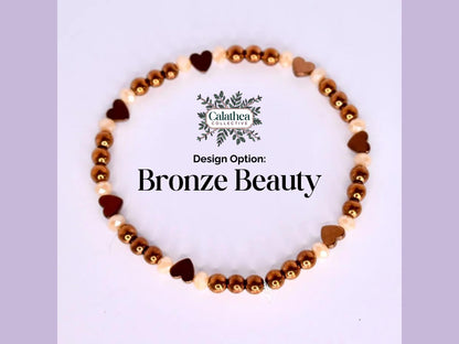 Bronze and Beige Heart Beaded Bracelets - 3 Piece Set