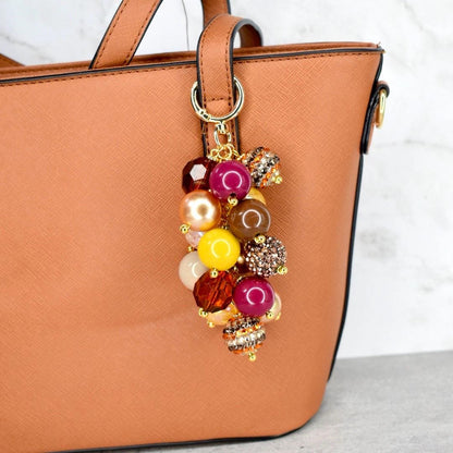 Fall Beaded Bag Charm: Gold, Brown and Burgundy Keychain Purse Accessory