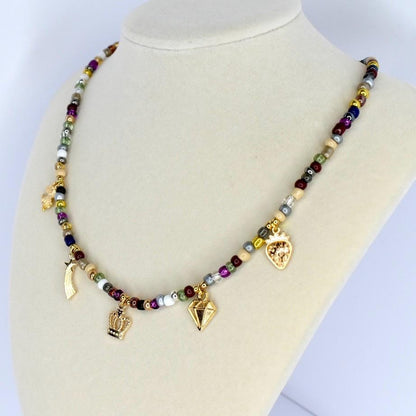 Charm Necklace: Boho Gold Crown, Heart & Leaf