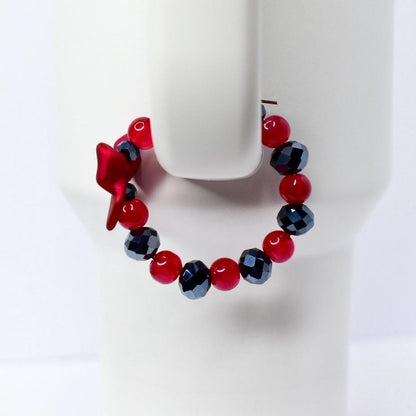 Red Bow Tumbler Handle Bracelet with Black Sparkle Accent Beads