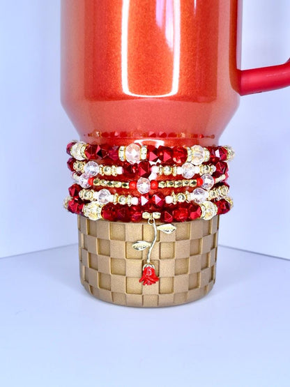 Red Rose Bracelet Stack with Beauty and the Beast Rose Charm