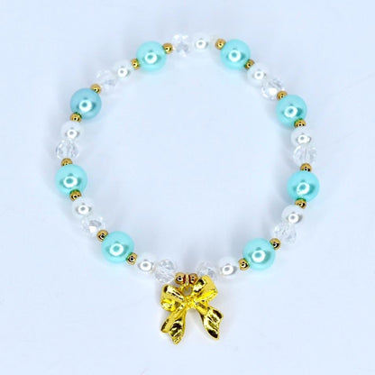 Gold Bow Pearl Beaded Bracelet: Aqua & White Crystal Charm