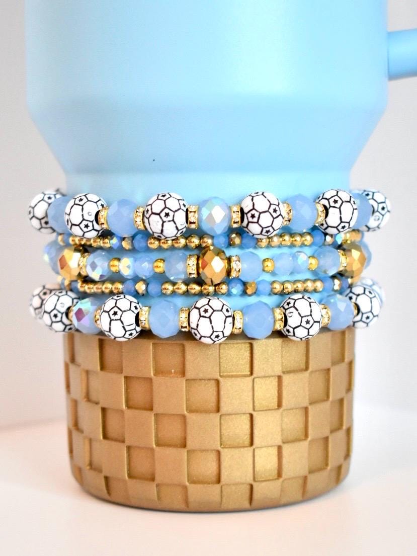Sky Blue and Gold Soccer Bracelet Stack - 3 Piece Set