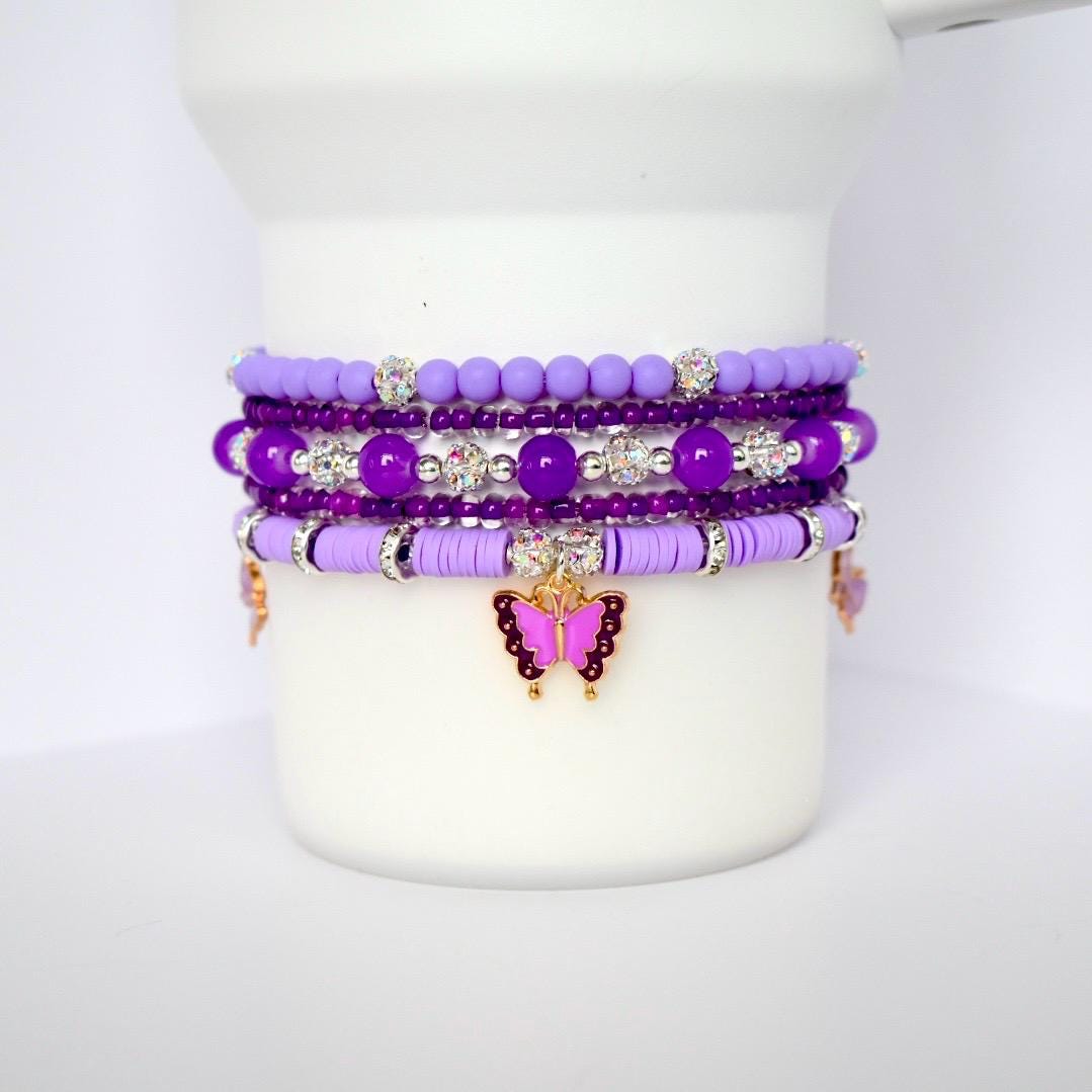Purple Beaded Bracelet Stack with Butterfly Charm - 5 Piece Set