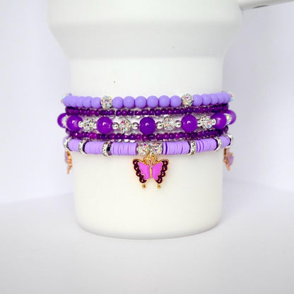 Purple Beaded Bracelet Stack with Butterfly Charm - 5 Piece Set