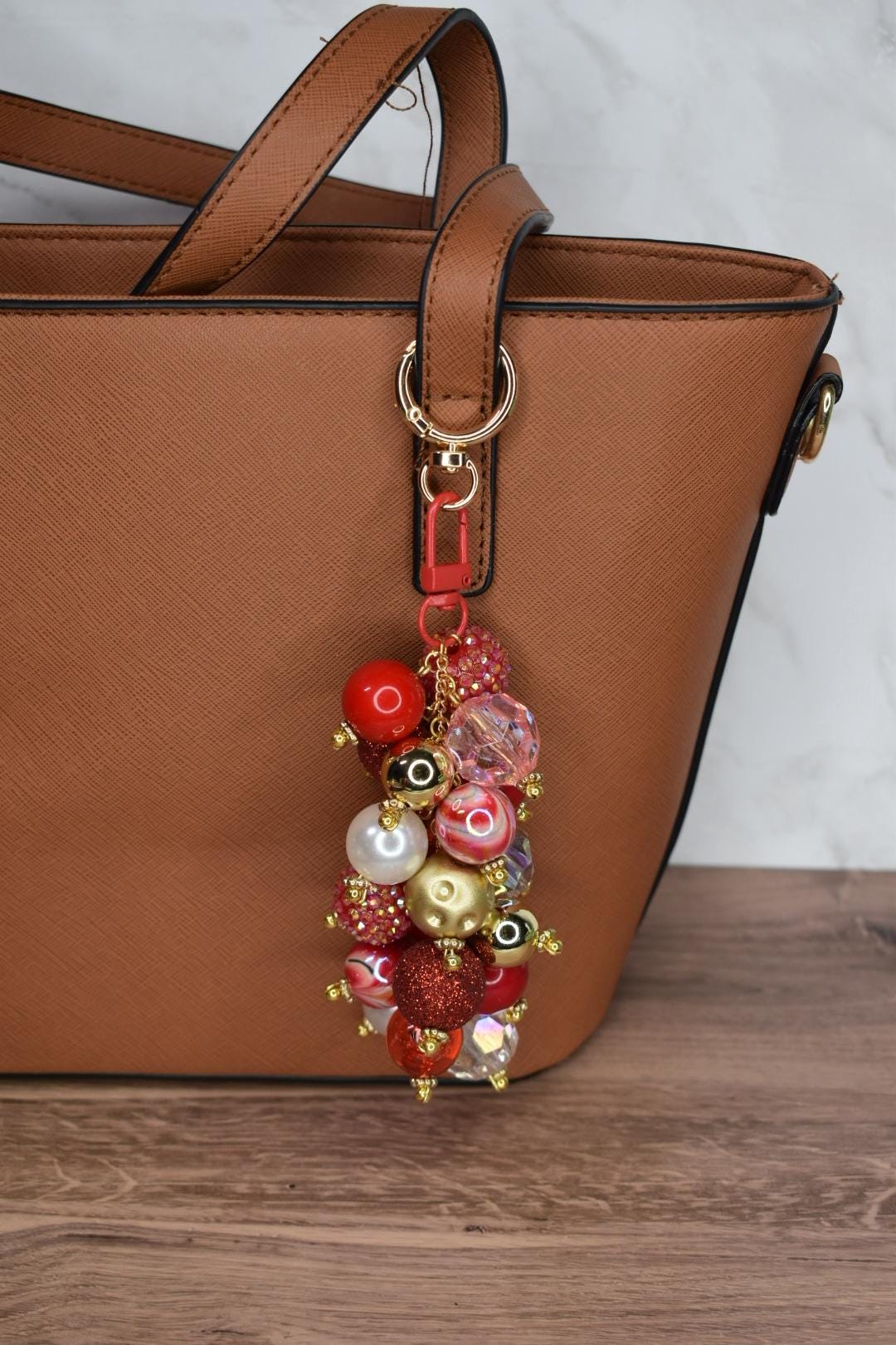 Red and Gold Glam Beaded Bag Charm - Bag Keychain