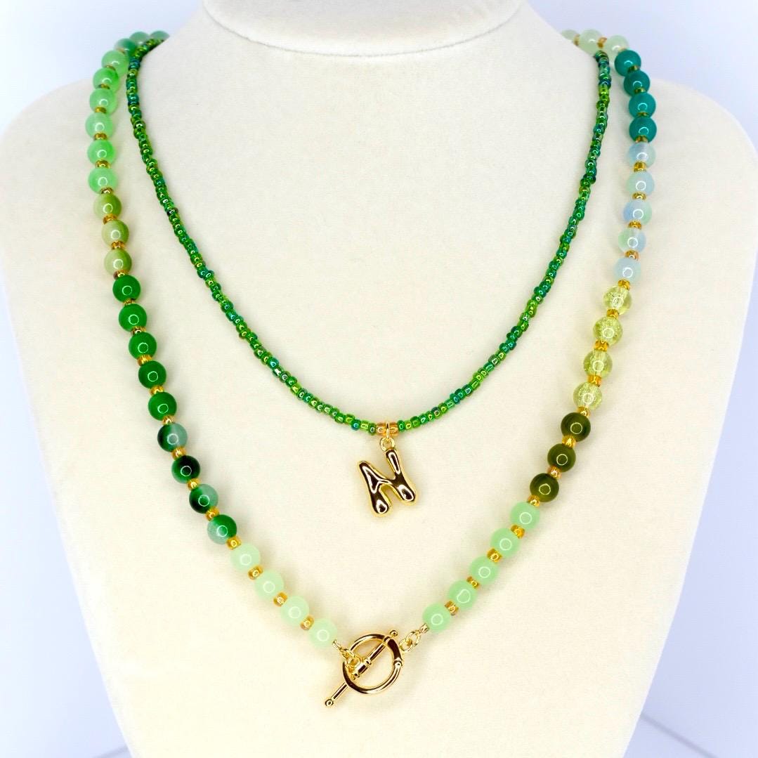 Green Gradient Initial Necklace Set - 2 Piece Set