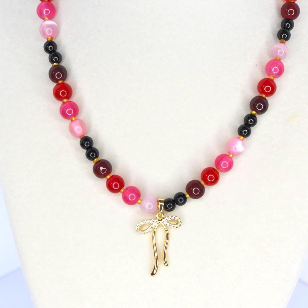 Red & Pink Glass Beaded Necklace: Handmade Jewelry Gift - Choose Charm