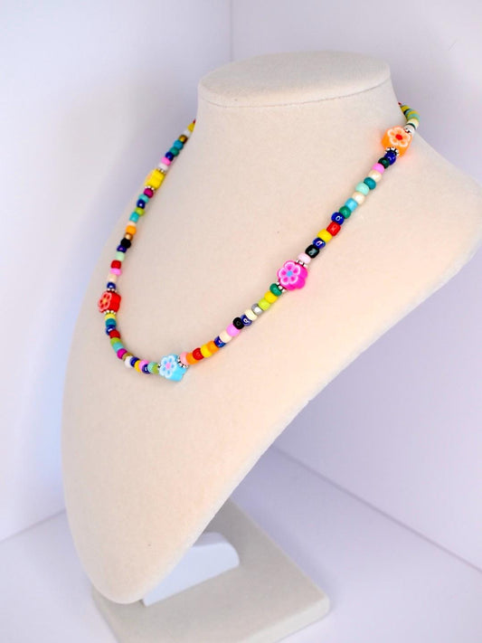 Festival Flower Necklace: Rainbow Seed Beads, Y2K Jewelry, Necklace for Layering