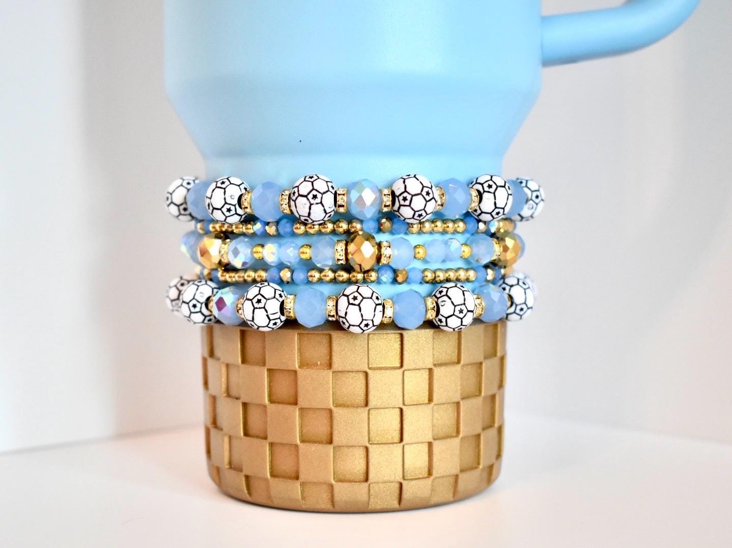 Sky Blue and Gold Soccer Bracelet Stack - 3 Piece Set