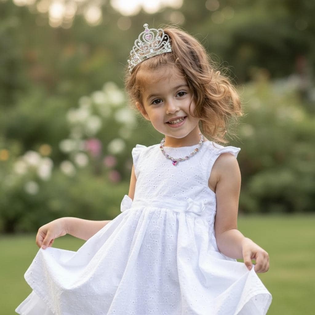 Young girl in a white dress with a tiara and a beaded necklace standing outdoors with a blurred natural background