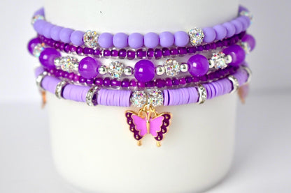 Purple Beaded Bracelet Stack with Butterfly Charm - 5 Piece Set