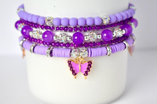 Purple Beaded Bracelet Stack with Butterfly Charm - 5 Piece Set