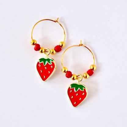 Strawberry Charm Hoop Earrings: Red Enamel Dangle, Gold Hoops