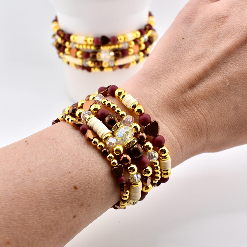 Fall Cabernet Bracelet Collection: Maroon, Gold, and Bronze Beaded Bracelets