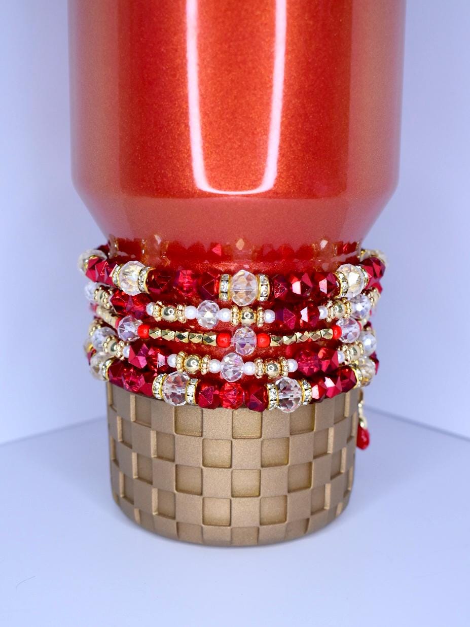 Red Rose Bracelet Stack with Beauty and the Beast Rose Charm