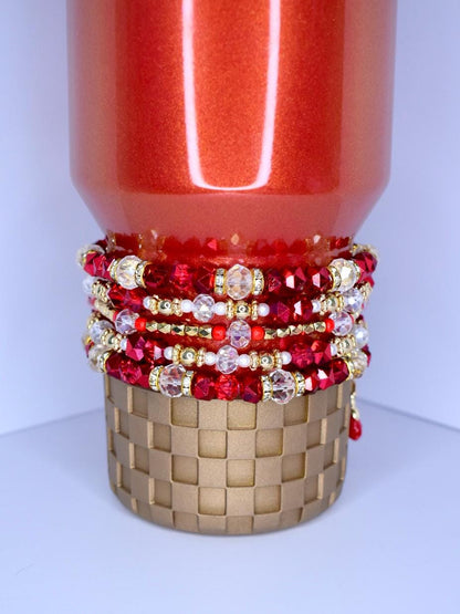 Red Rose Bracelet Stack with Beauty and the Beast Rose Charm